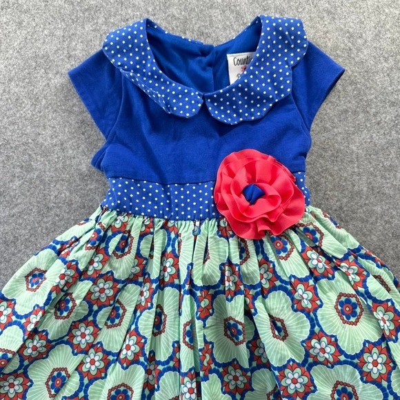 Counting Daisies Girls 3T Blue Floral Polka Dot Dress with 3D Flower Kidcore - Picture 2 of 6